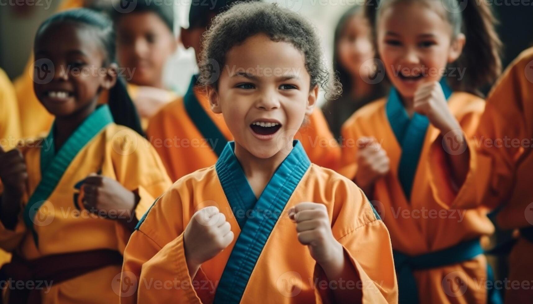 Multi ethnic group of children practicing Taekwondo indoors photo