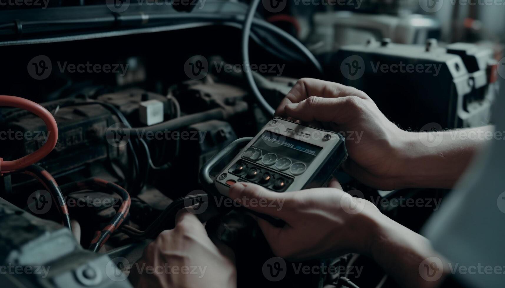 Skilled mechanic repairing car engine with wrench photo