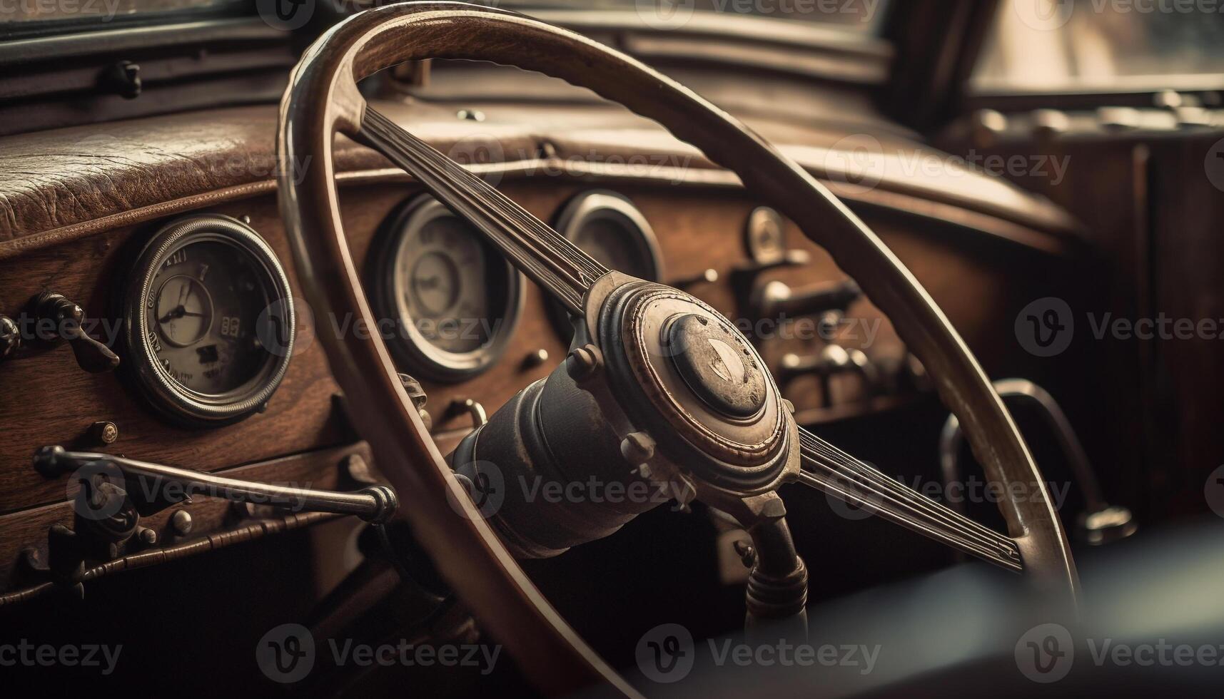 Shiny chrome steering wheel controls vintage car photo