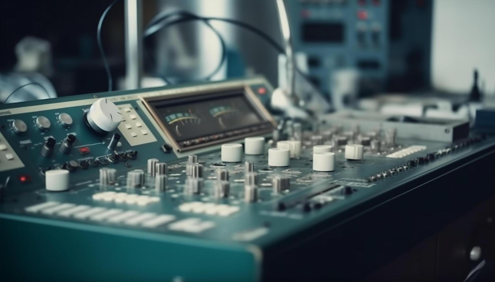 Sound engineer adjusts knobs on mixing panel photo