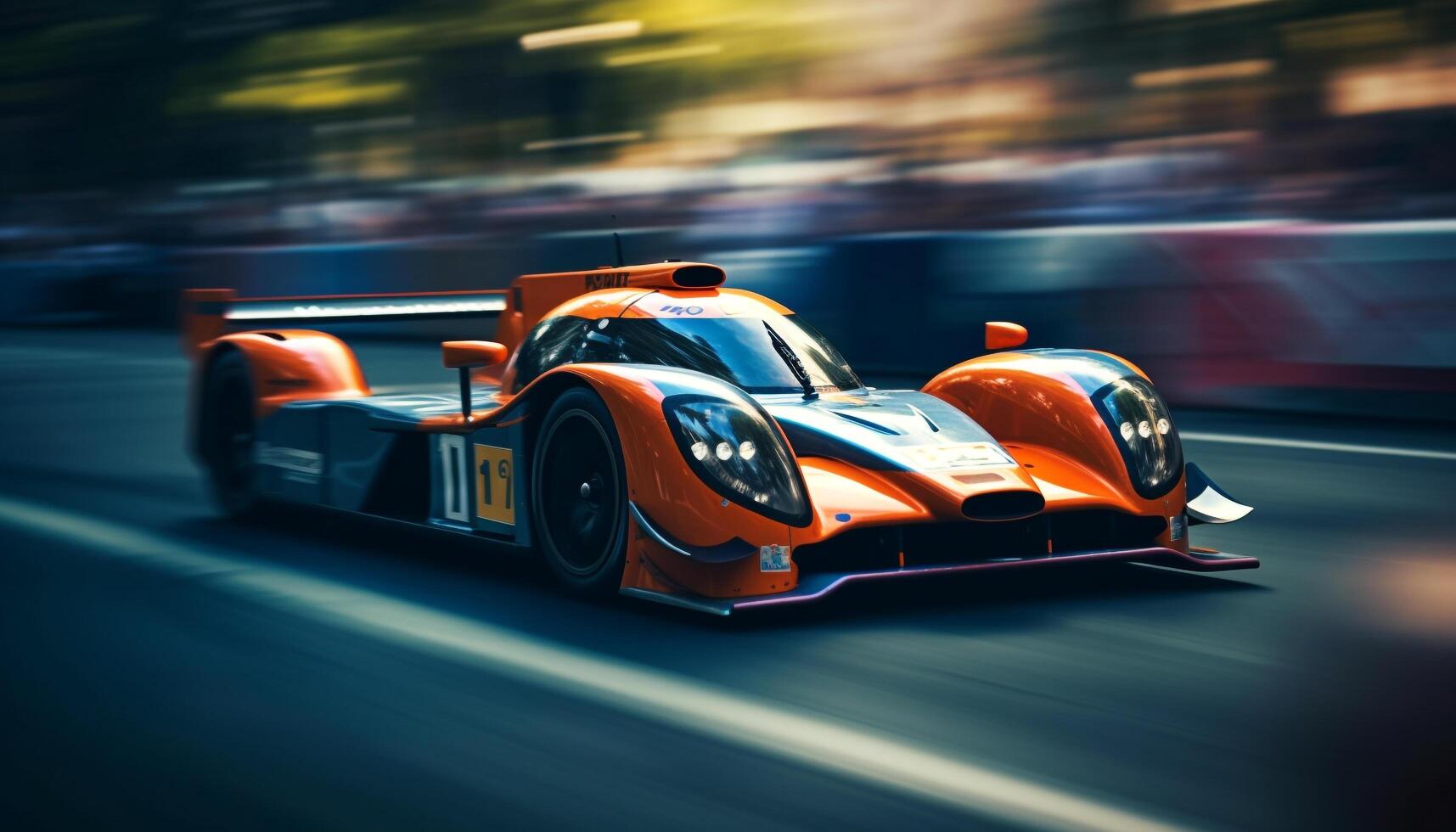 Shiny sports car driving on illuminated race track photo