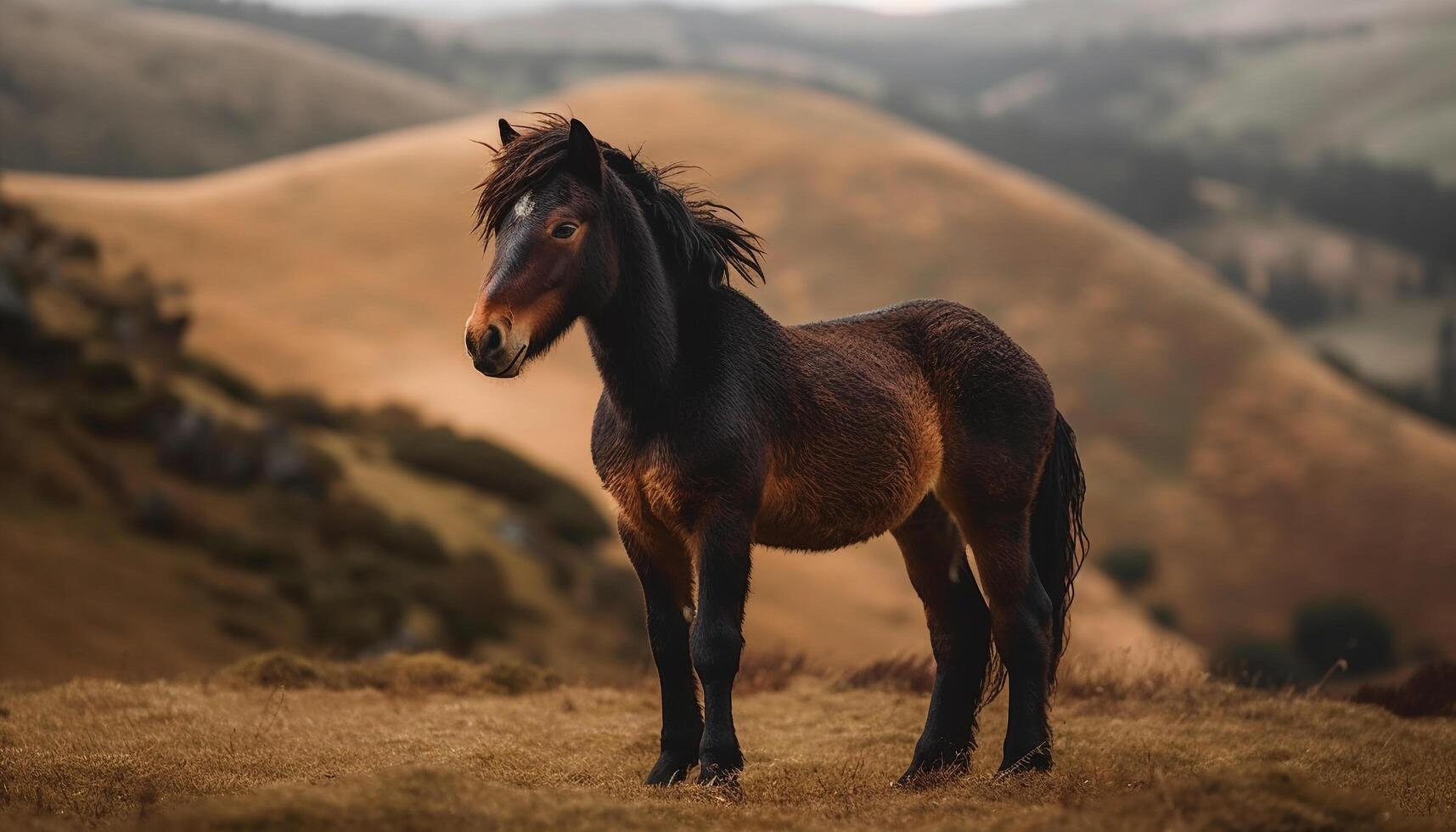 Thoroughbred horse running free in green meadow photo