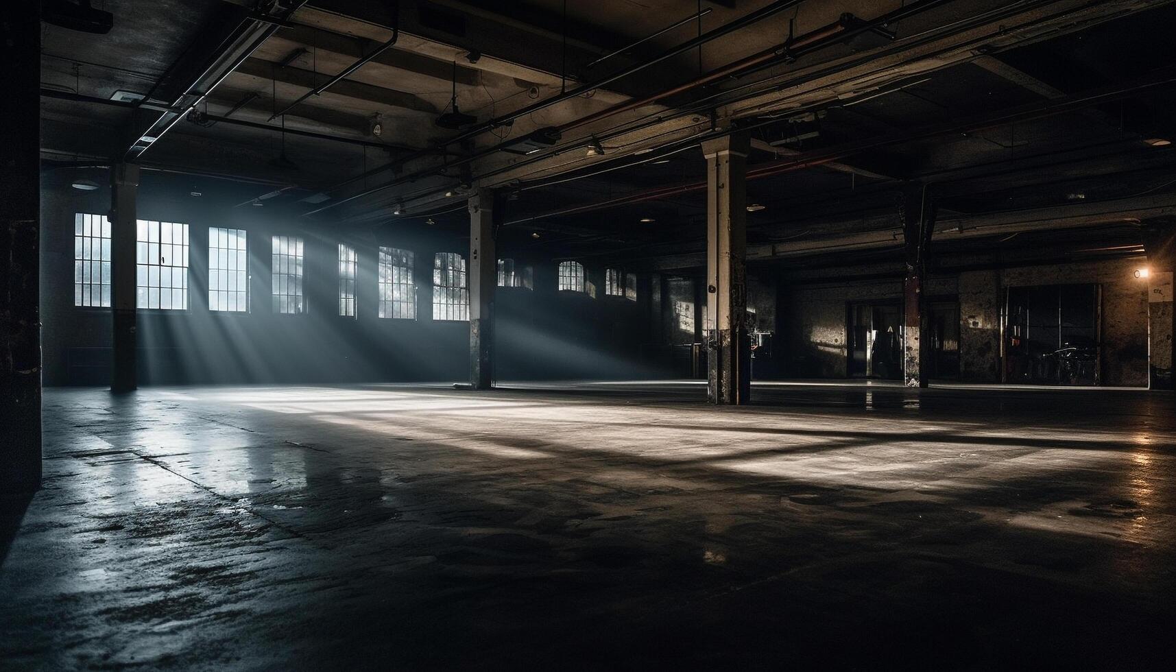 escalofriante abandonado fábrica, vacío corredor, tenuemente iluminado generativo ai foto