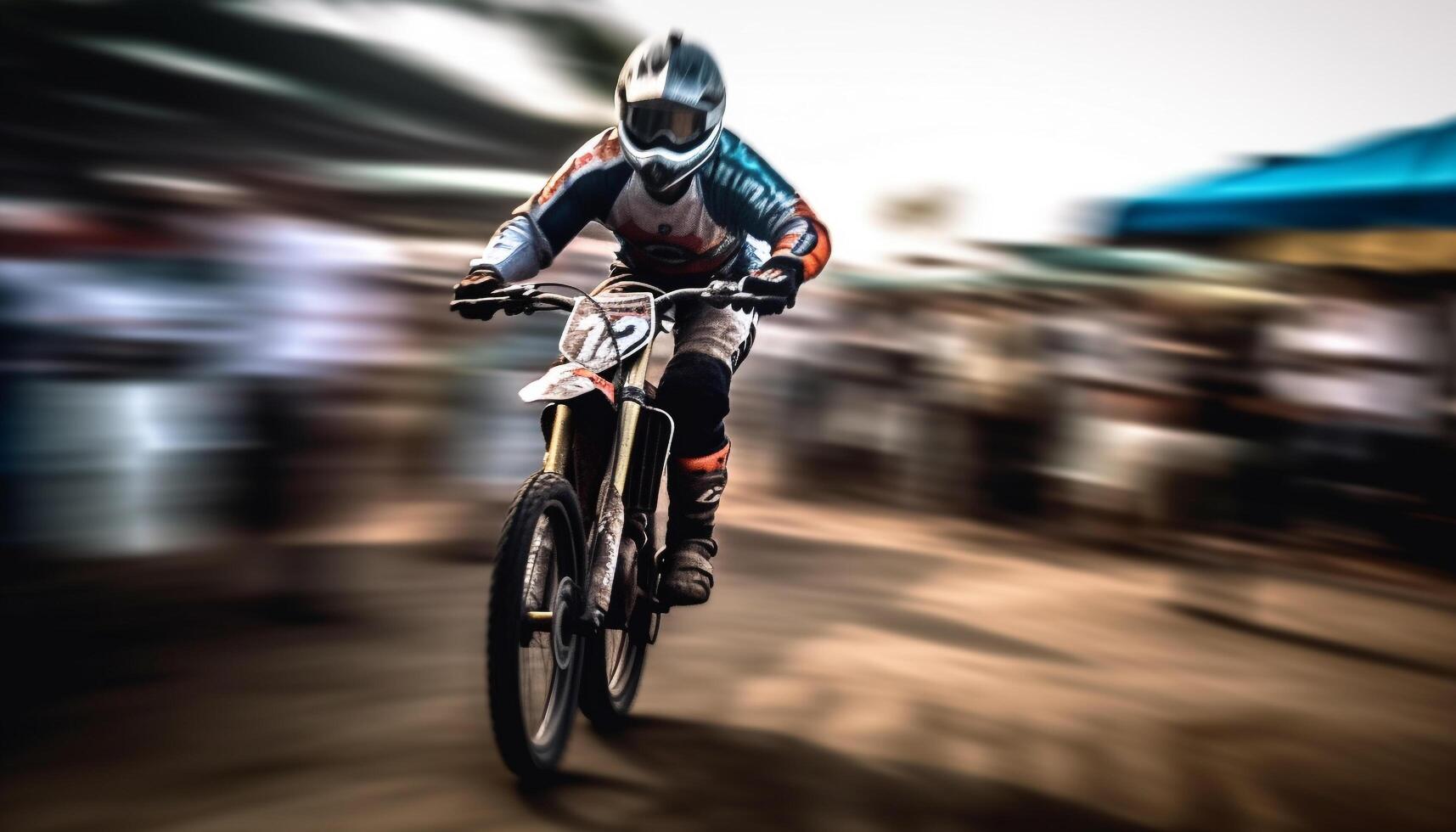 Muscular biker speeds through nature backlit terrain photo