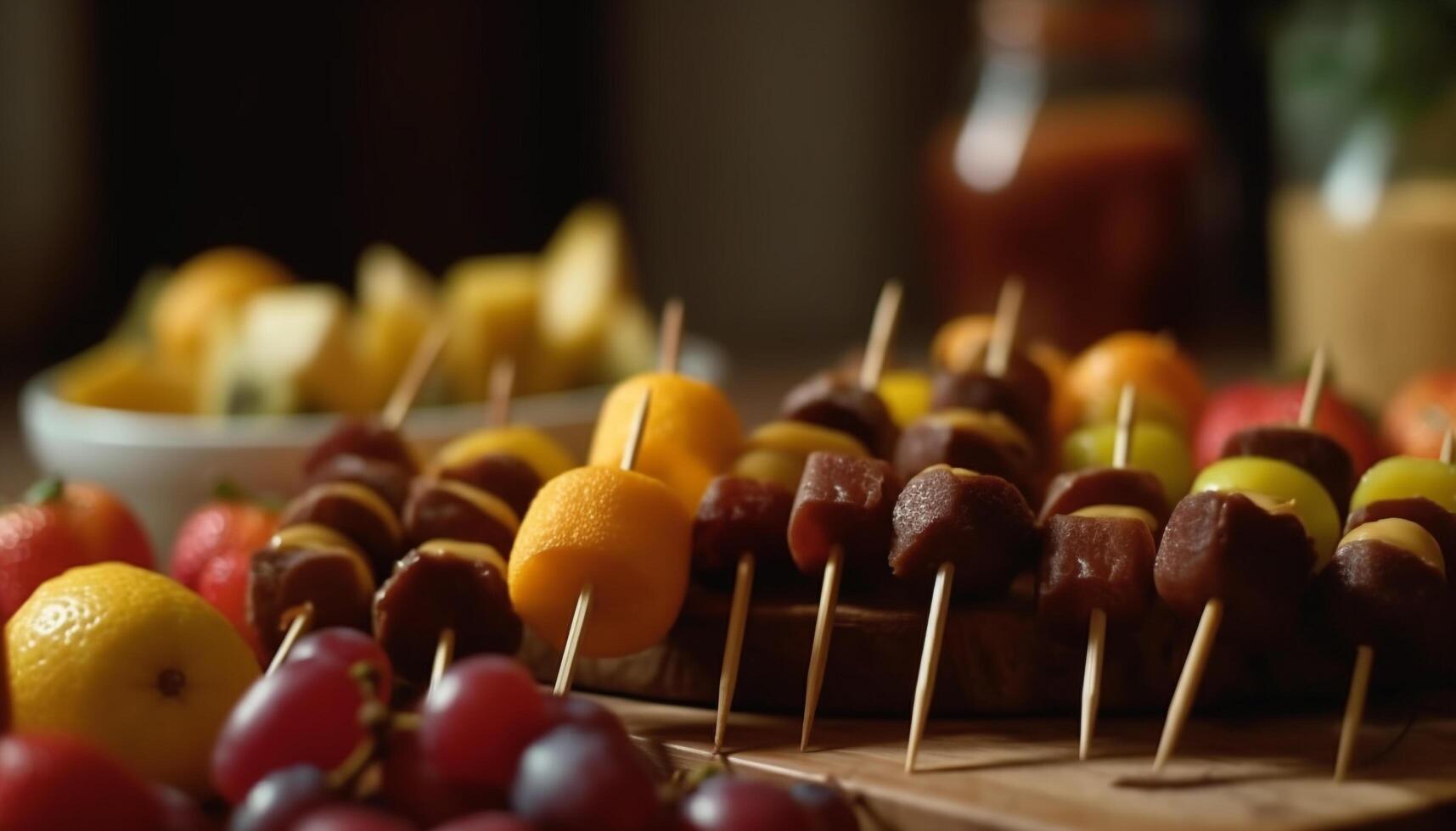 Fresco Fruta brochetas, un gastrónomo indulgencia buffet generativo ai foto