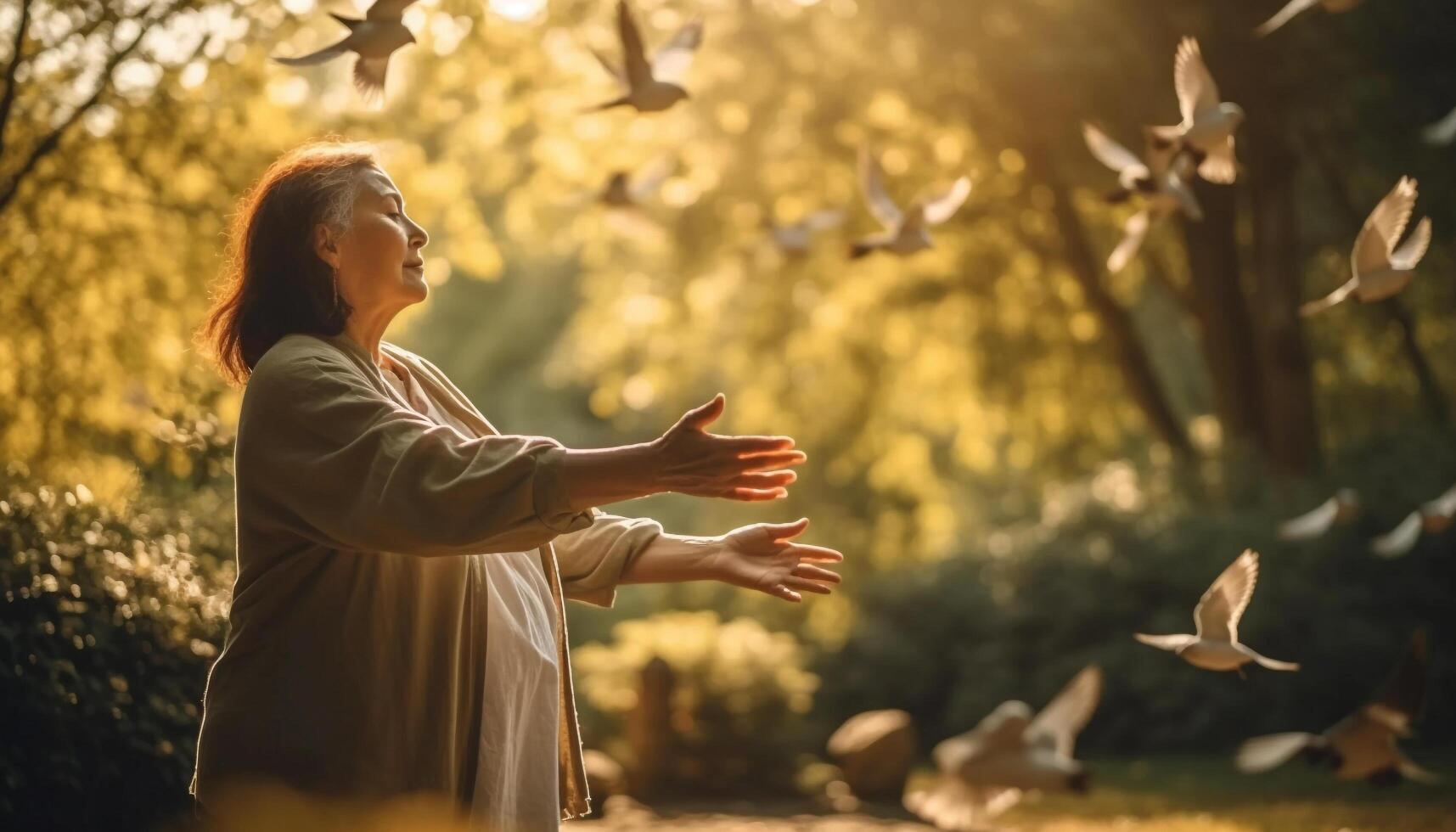 joven mujer sonriente en sereno otoño bosque generativo ai foto