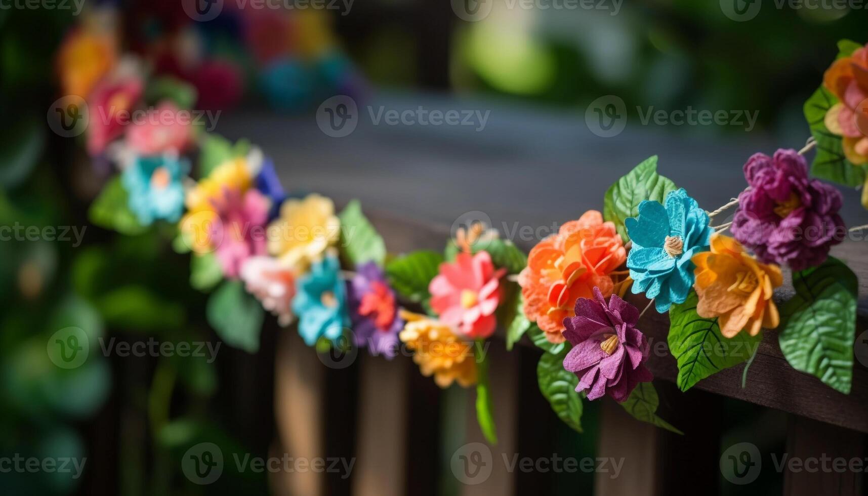 Vibrant bouquet of multi colored flowers on wood photo