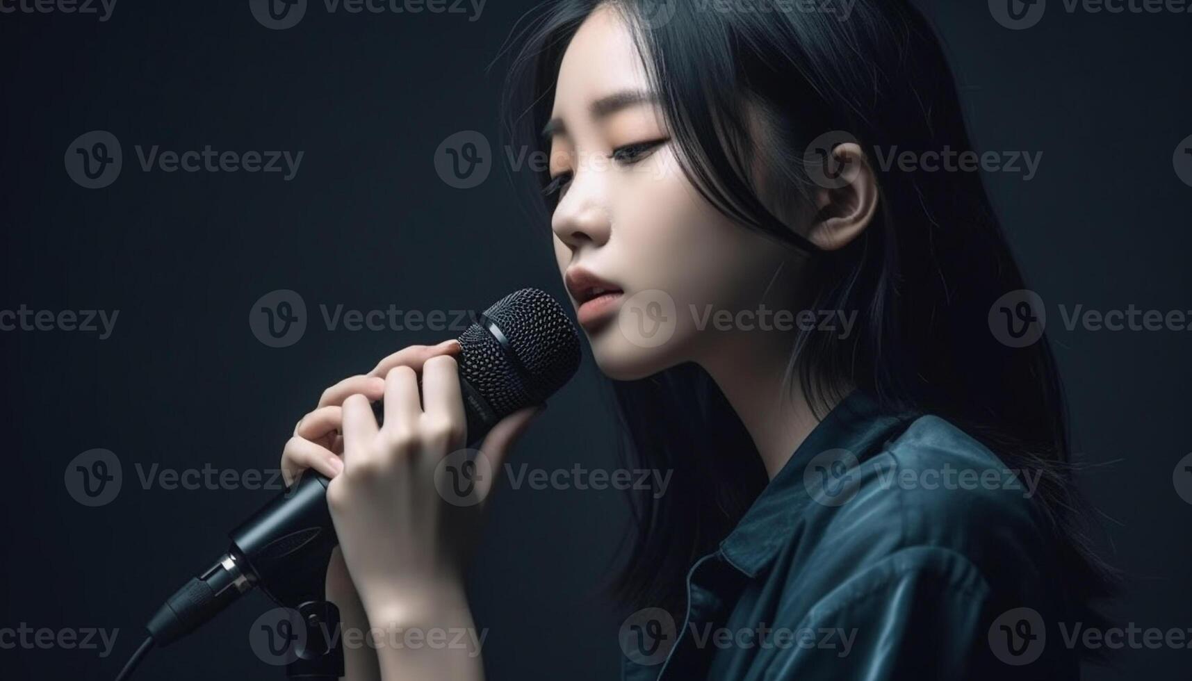 Young woman singing into microphone on stage photo