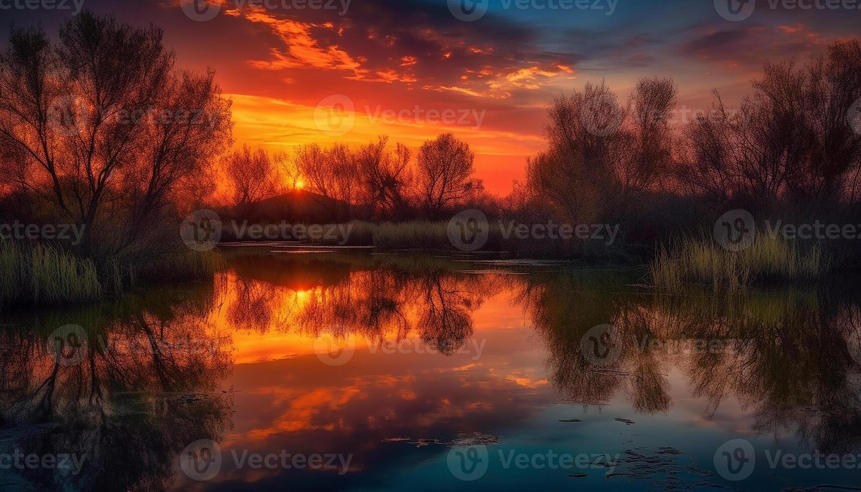 Vibrant sunset reflects on tranquil water surface photo