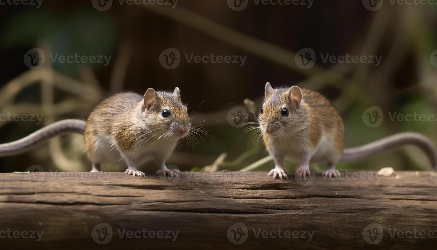 Two cute rodents sitting on branch outdoors photo