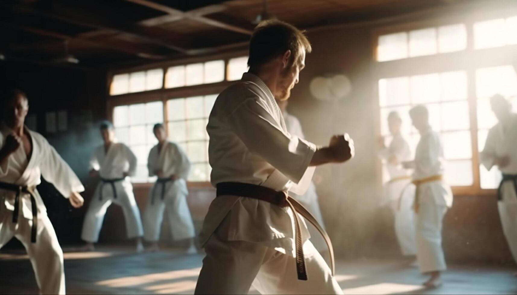 Team of experts practicing taekwondo with confidence photo