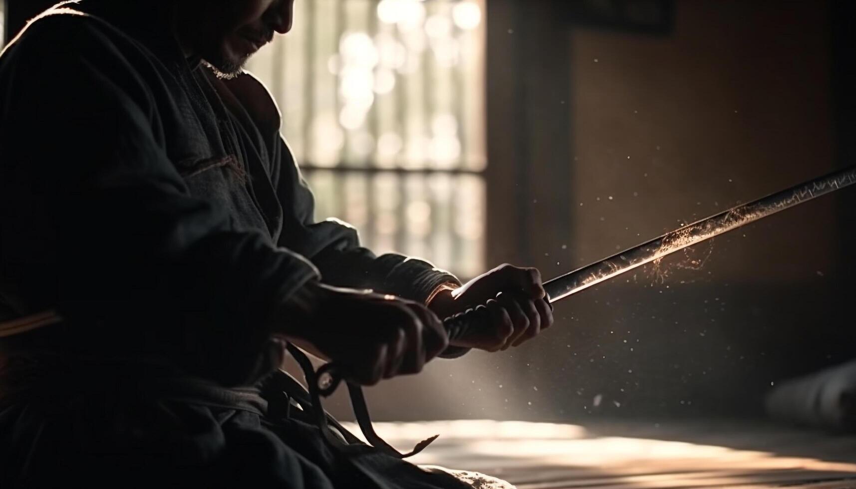 One man holding steel blade in dark forest photo