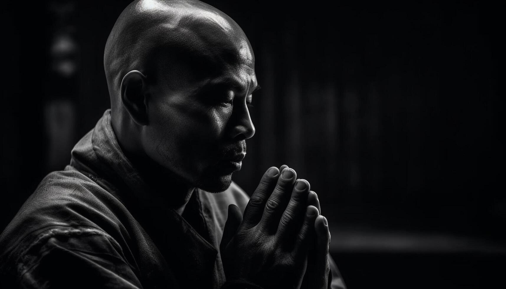 Praying monk meditates on forgiveness and love photo