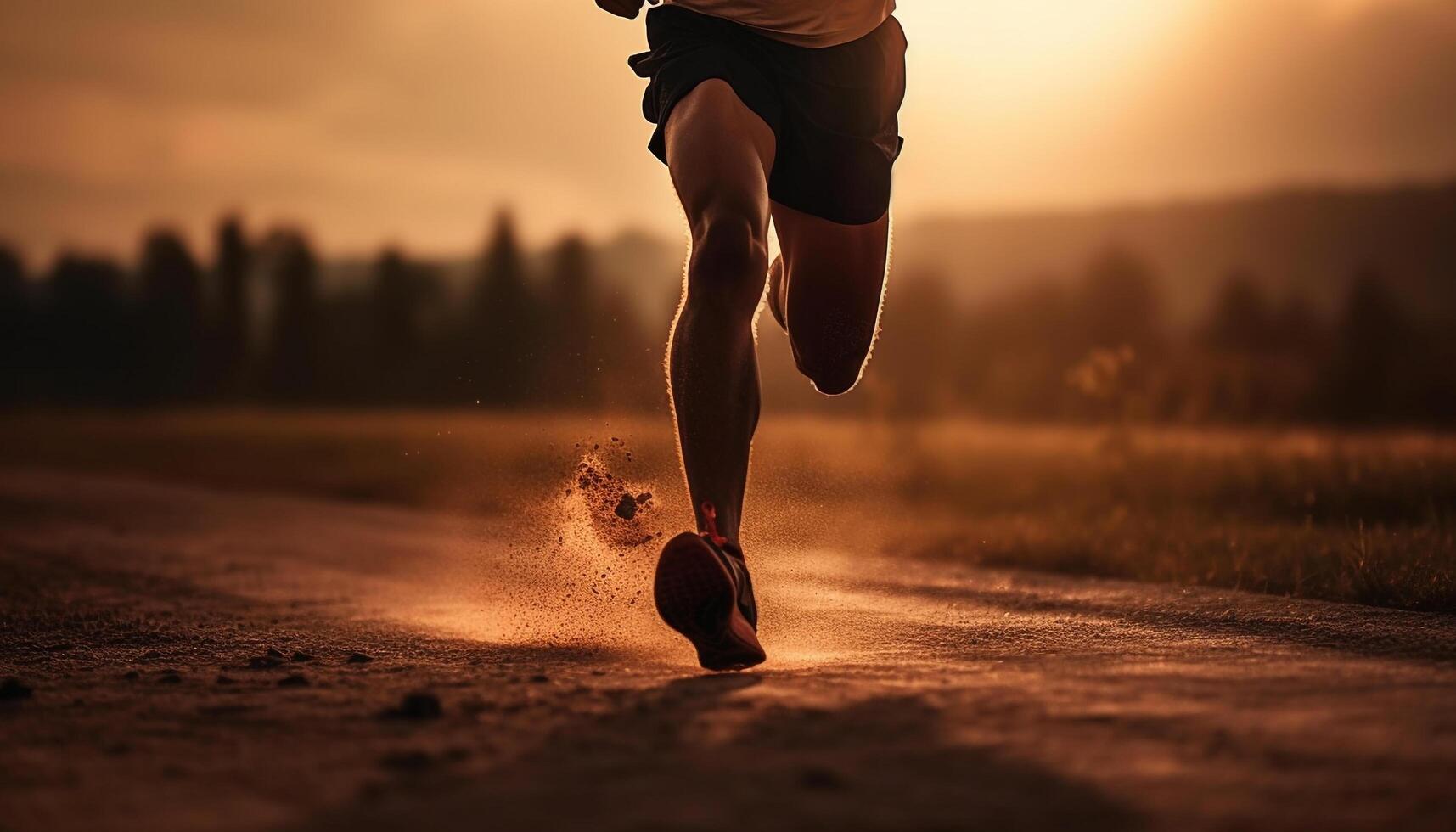 Two silhouettes race through nature at sunrise photo