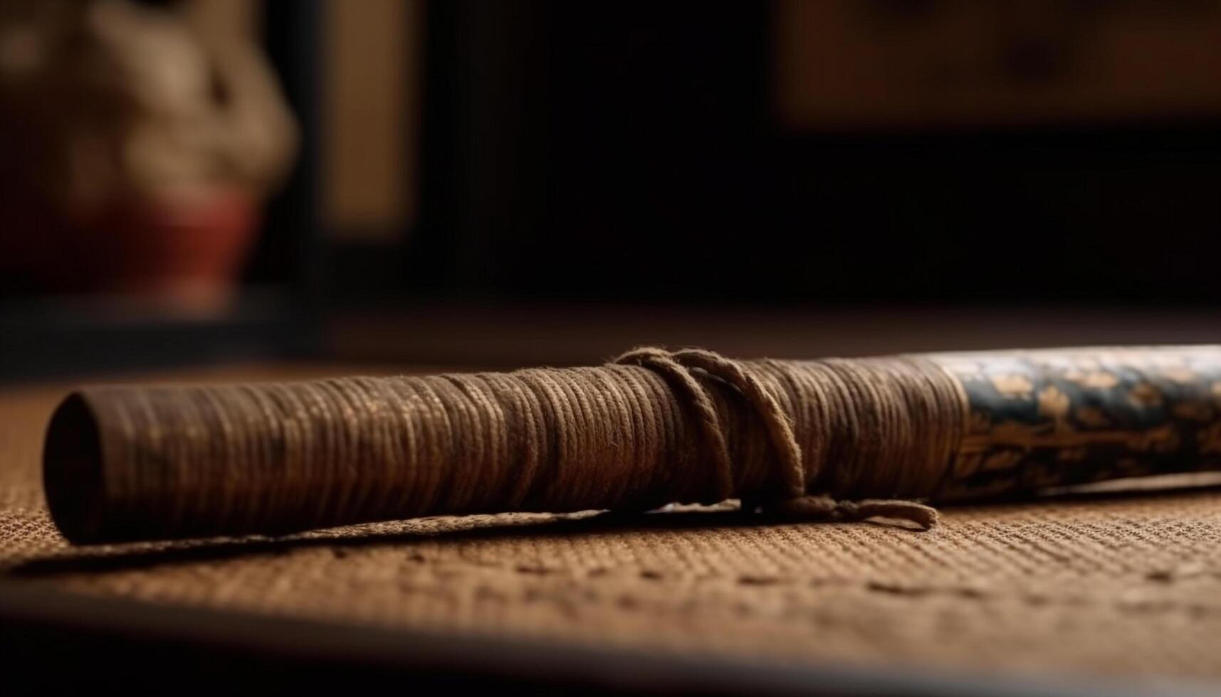 Woven wool spool on rustic wooden table photo