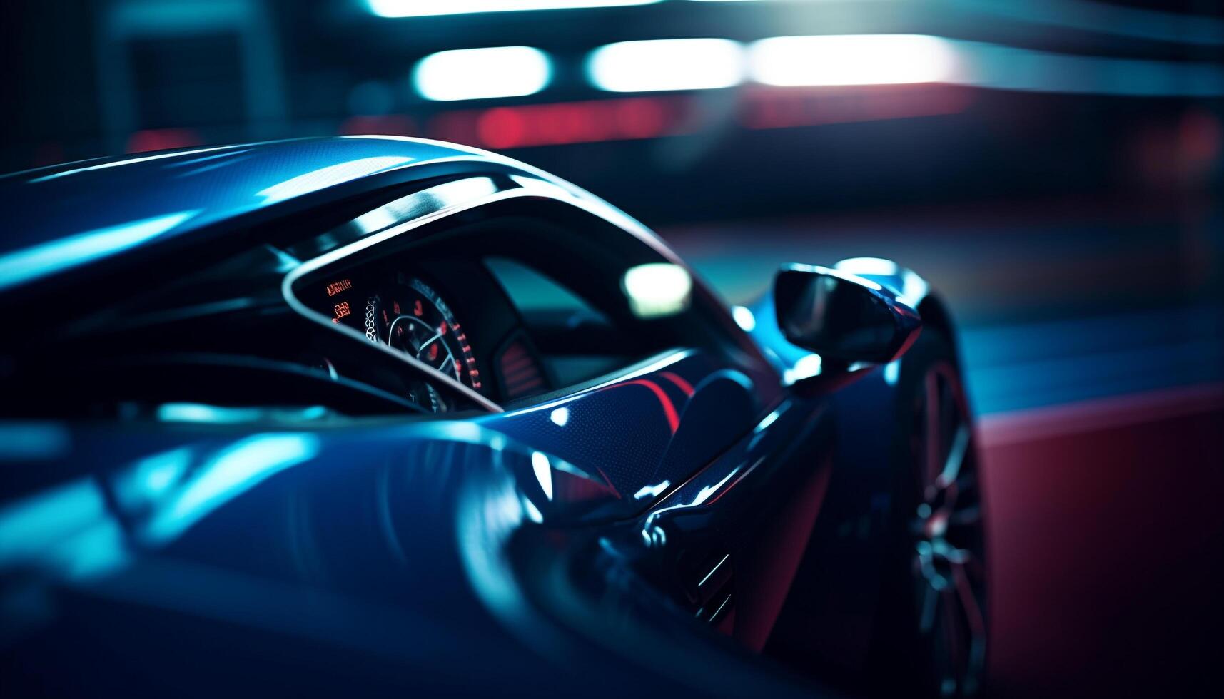 Shiny blue sports car speeds through city photo