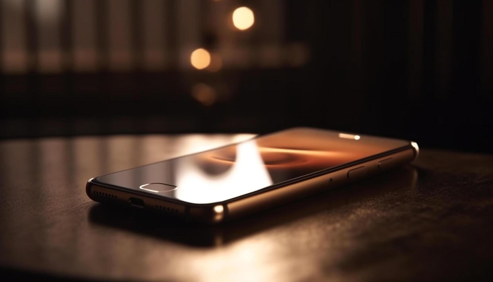 Shiny touch screen on wooden table illuminates room photo