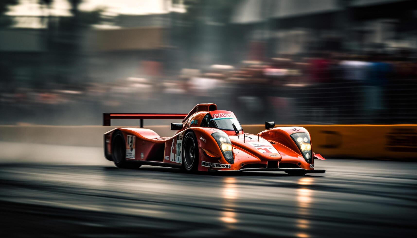 Shiny sports car driving on illuminated asphalt photo