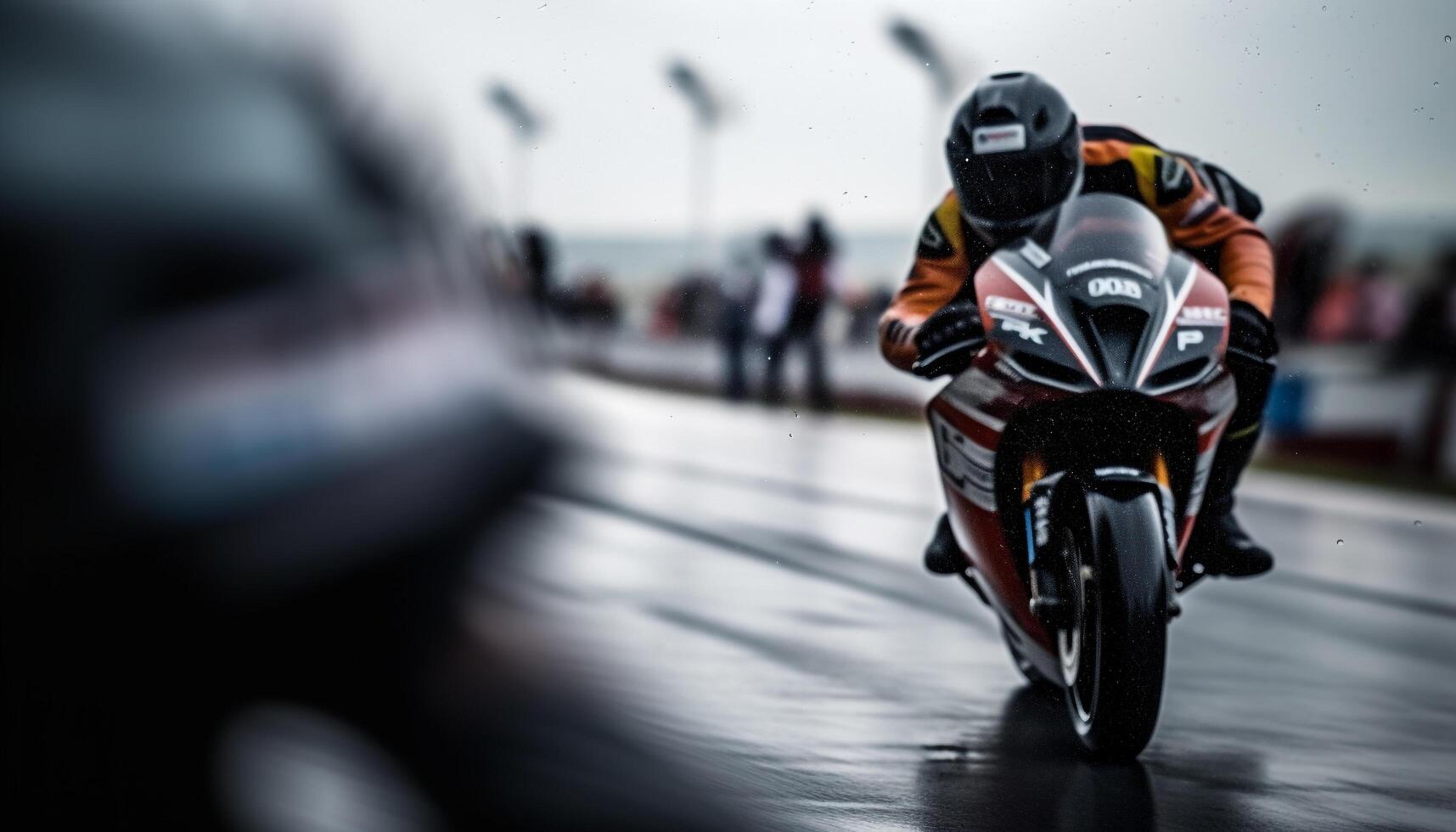 Blurred motion of motorcycle racing in rain photo