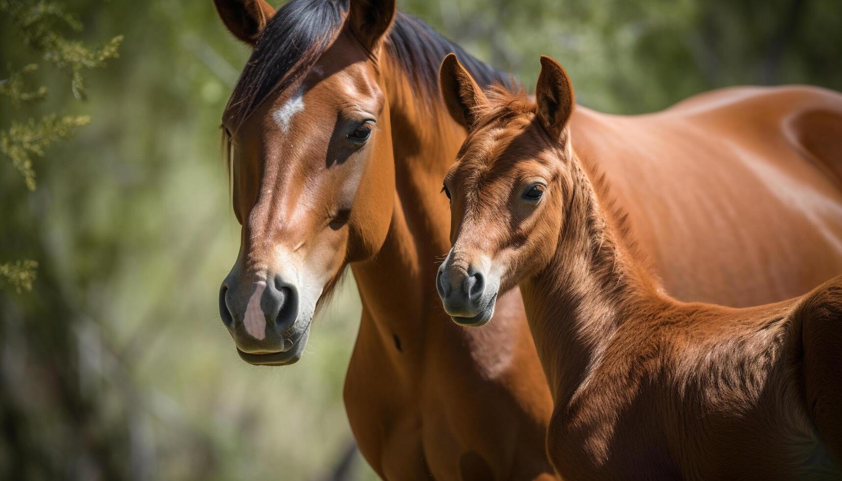 Thoroughbred foal grazing in green meadow pasture photo