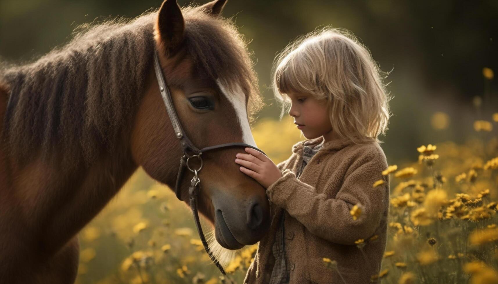 linda niña sonriente, unión con caballo al aire libre generativo ai foto
