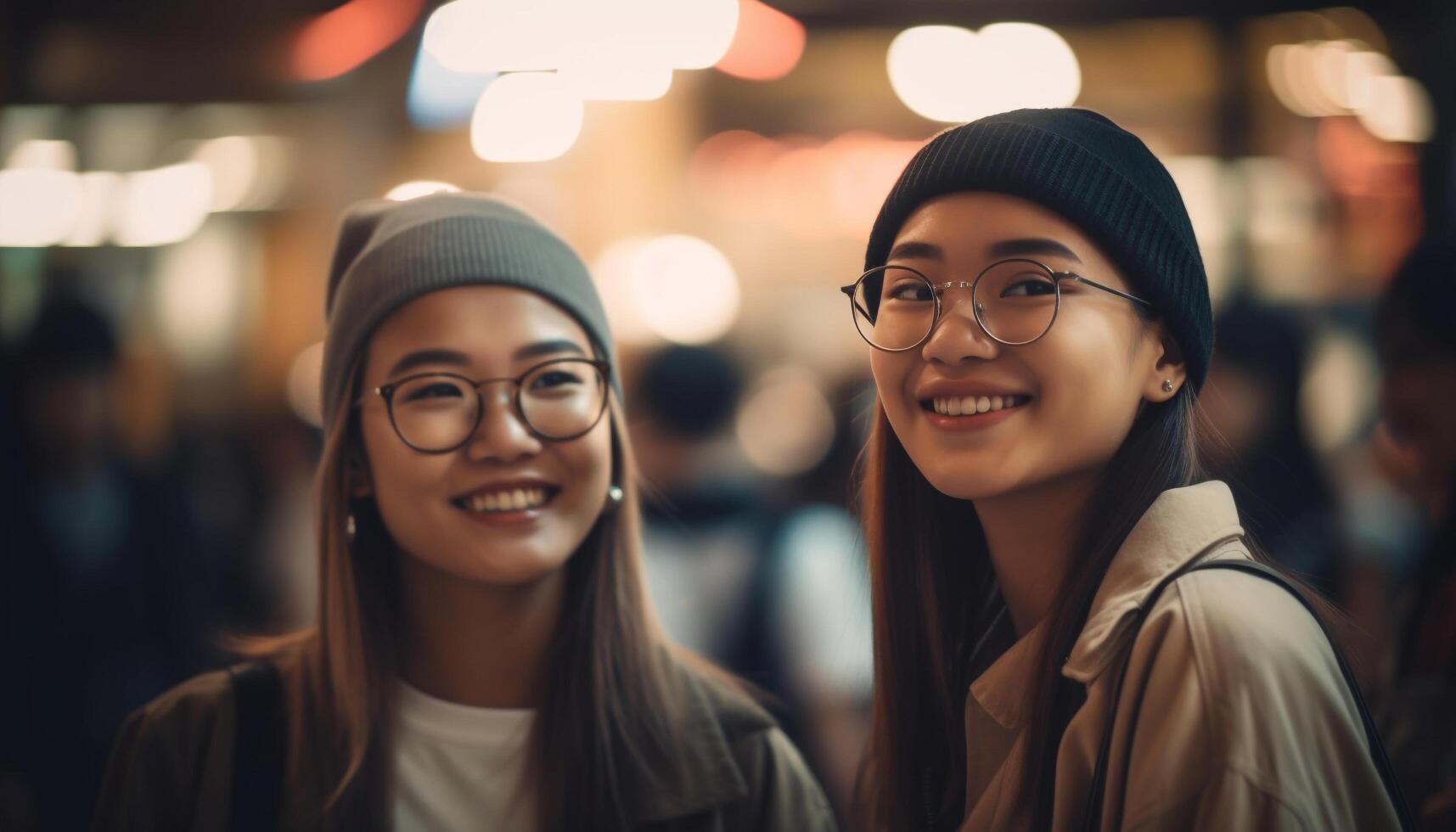Young women smiling, looking at camera outdoors photo