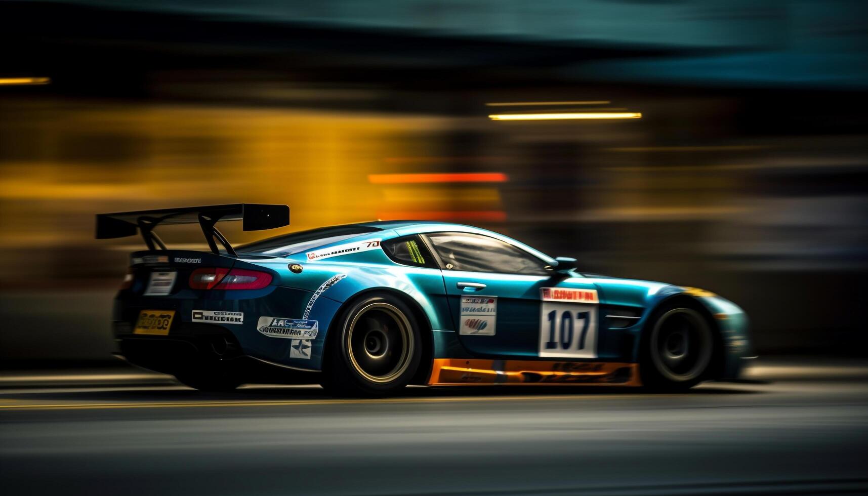Blurred motion, shiny sports car, illuminated night race photo