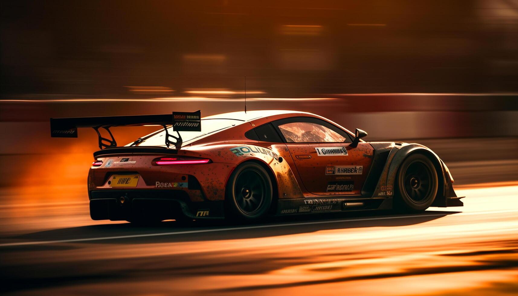 Shiny chrome racecar illuminates sports track at night photo