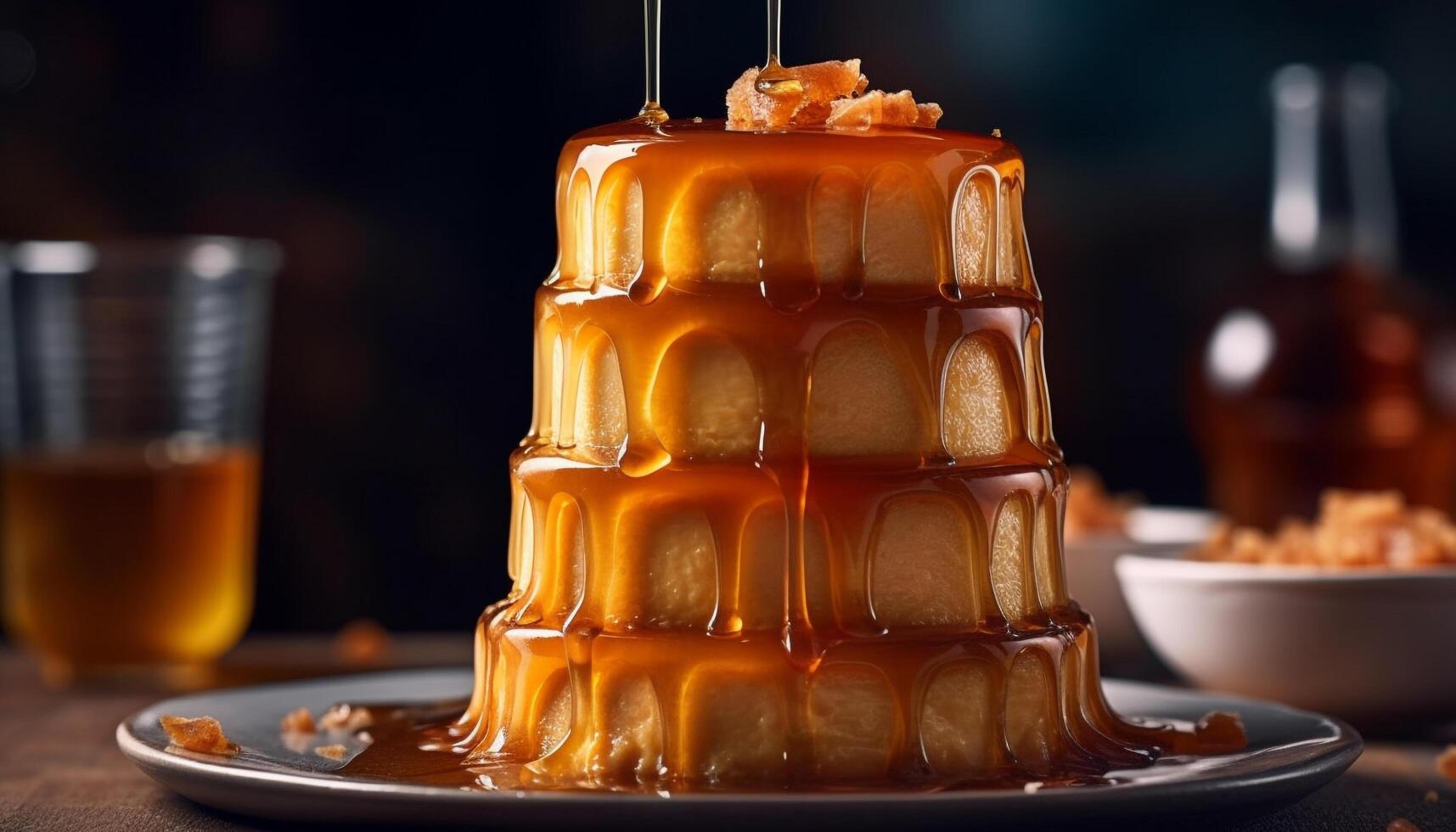 Homemade chocolate cake with caramel and cream photo