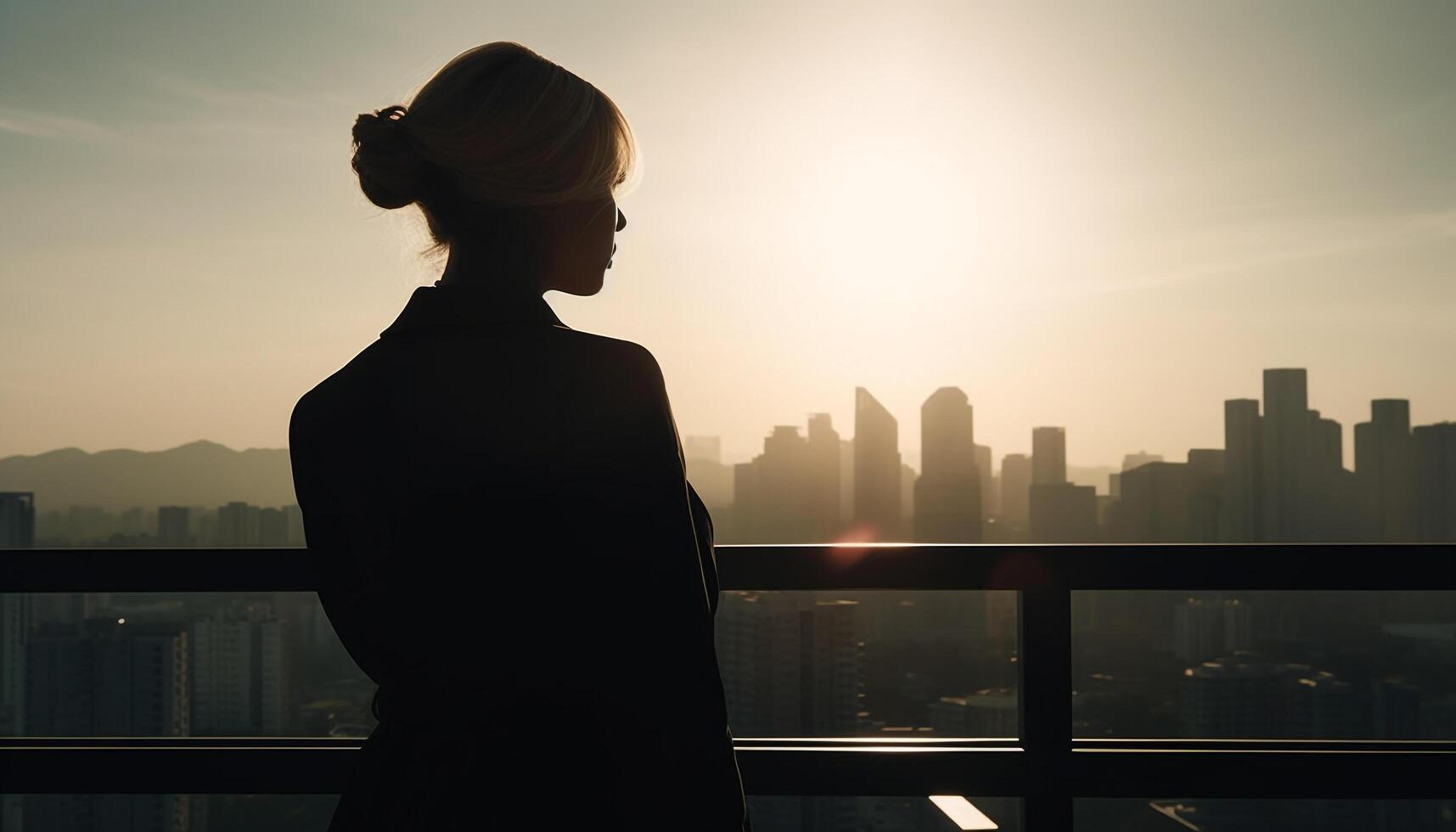 joven mujer trotar en urbano horizonte puesta de sol generativo ai foto