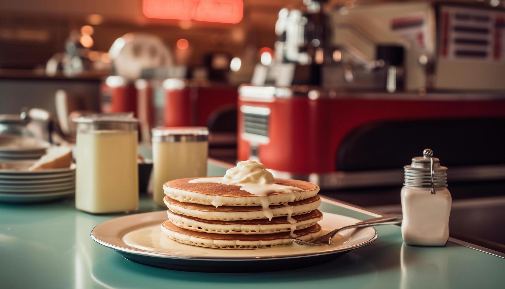 Stack of sweet pancakes with syrup pouring photo