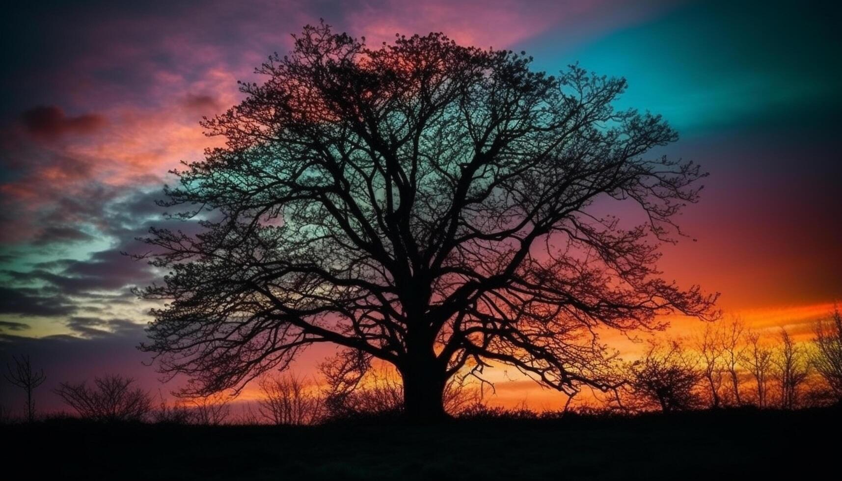 Silhouette tree back lit by vibrant sunset photo