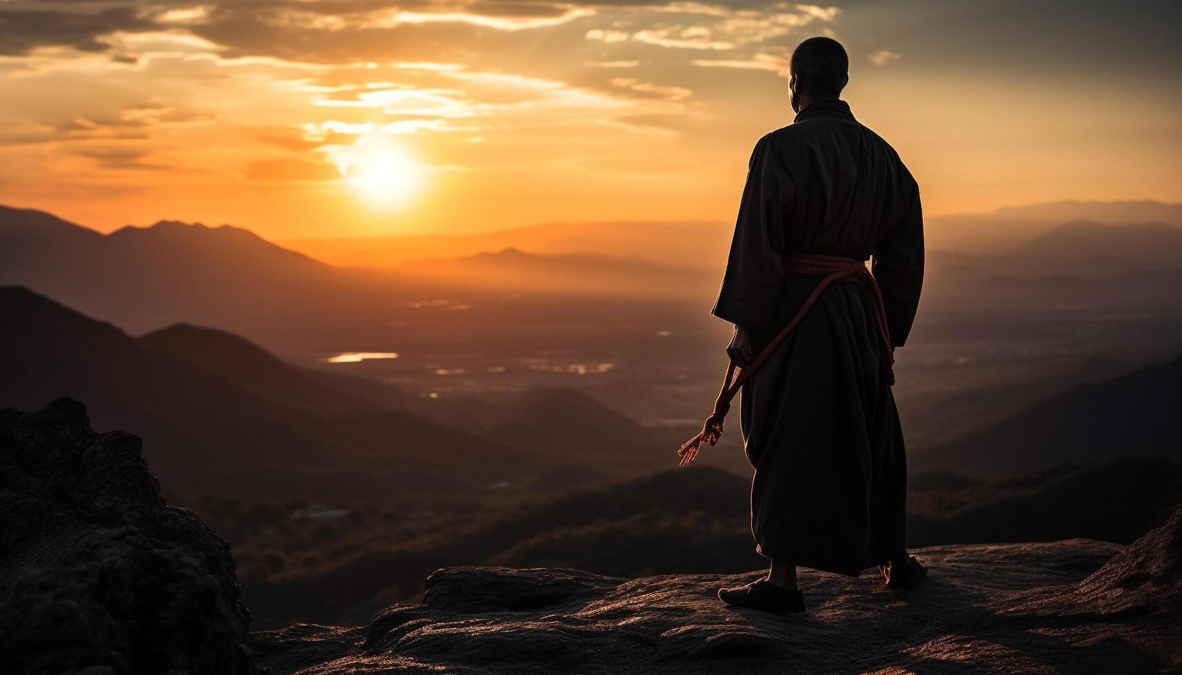 Standing on mountain peak, praying to God photo