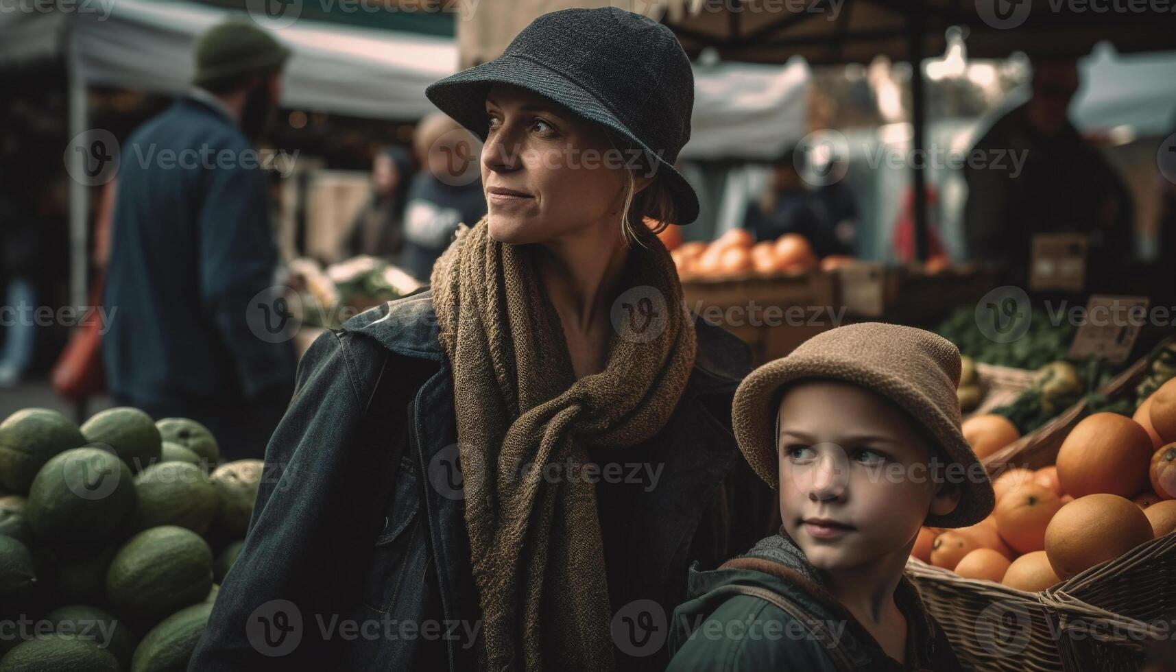 Smiling family buying fresh organic groceries outdoors photo