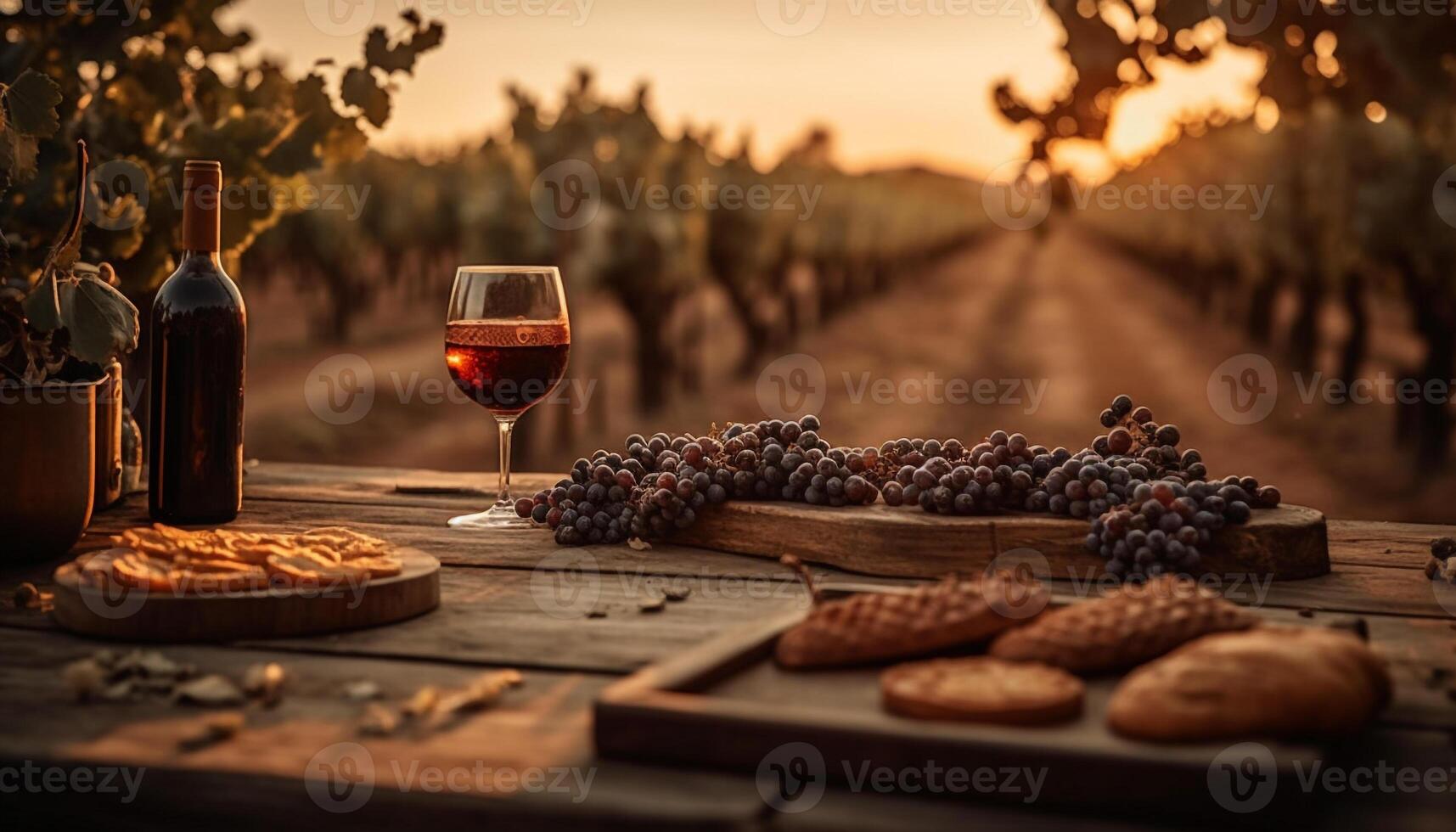 Rustic vineyard table with fresh gourmet food photo