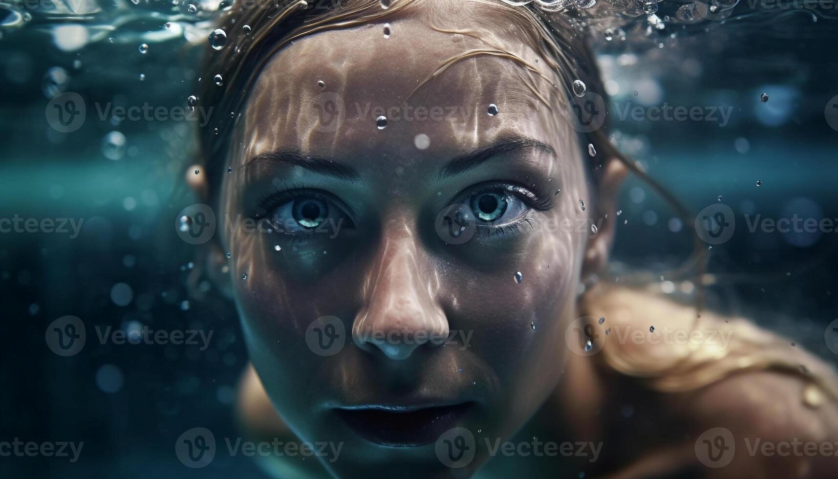 Smiling young woman splashes in blue water photo