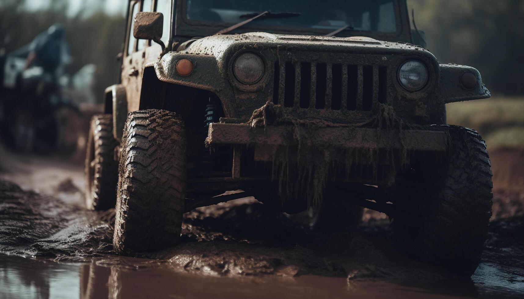 Dirty off road vehicle speeds through muddy terrain photo