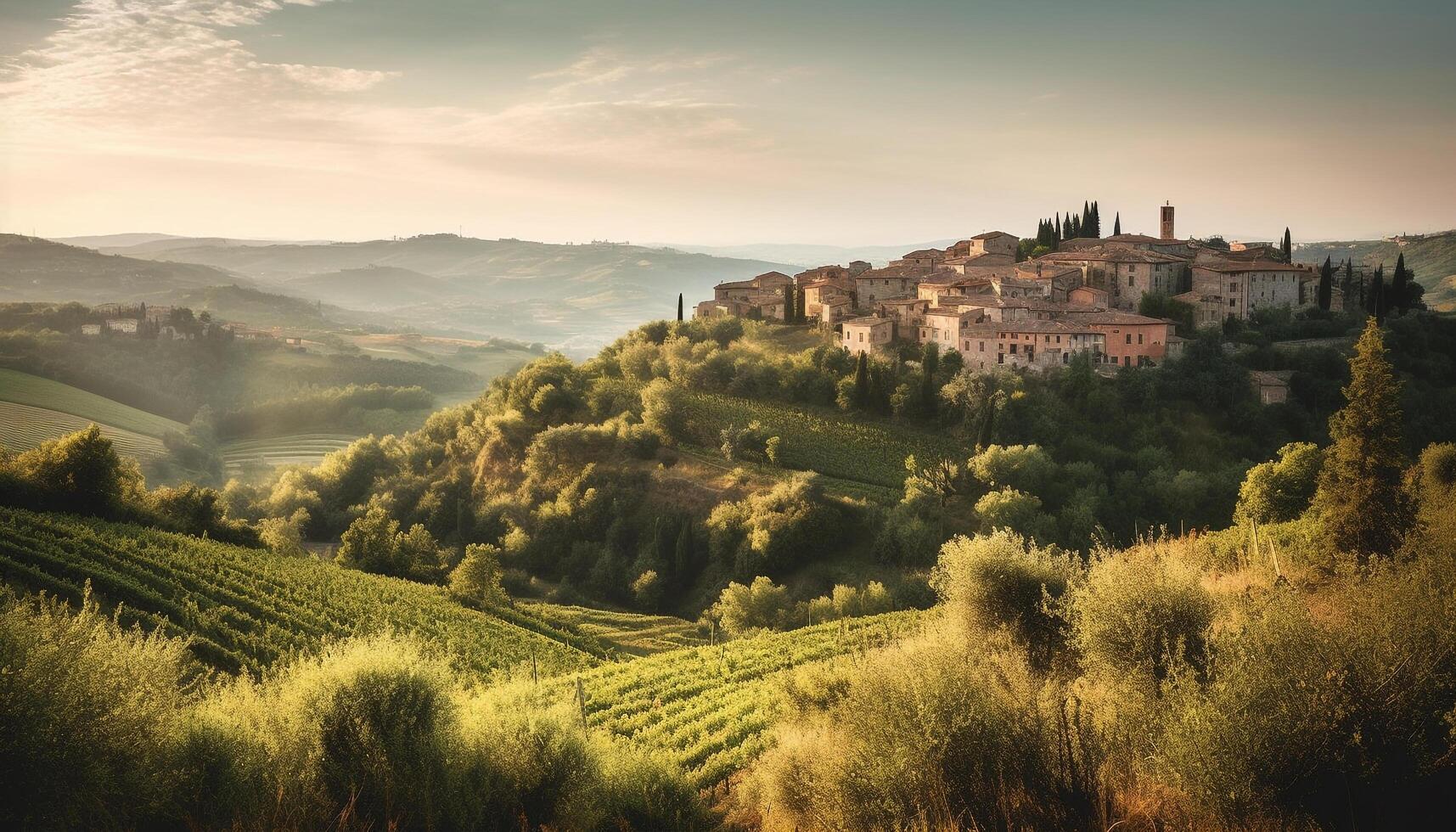 Tranquil sunset over Chianti vineyard and farmhouse photo