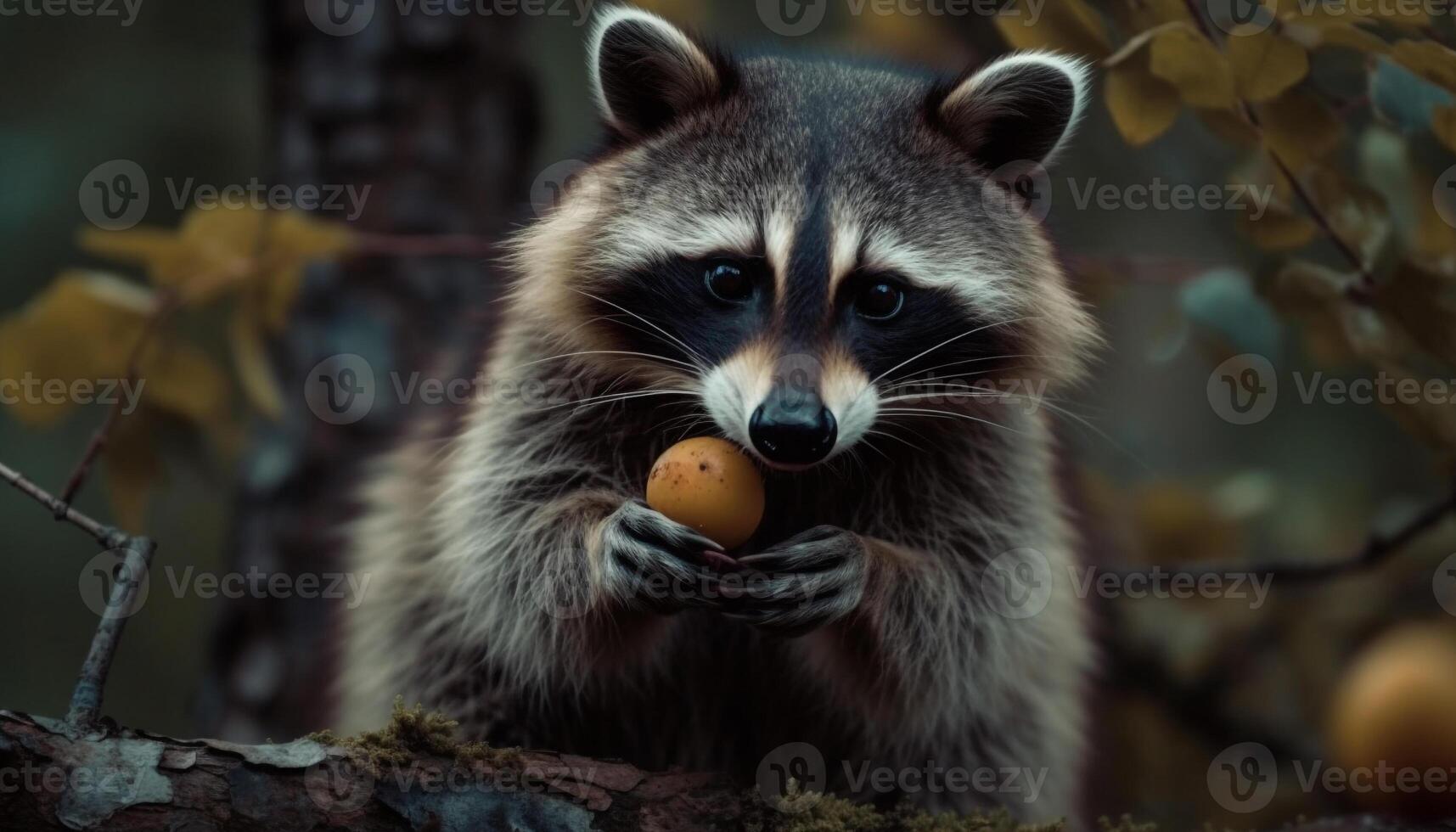 Cute furry raccoon eating on tree branch generated by AI photo