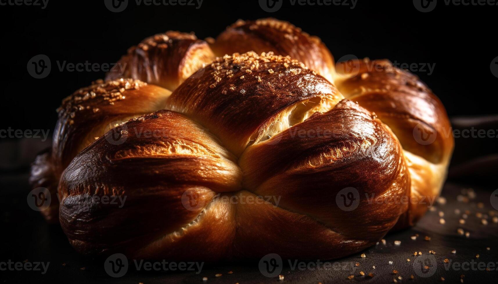 Freshly baked bread on rustic wooden table generated by AI photo