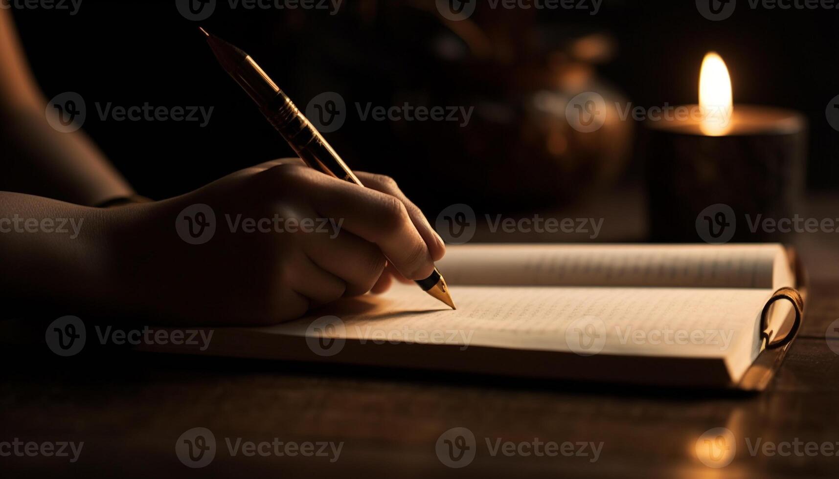 Handwriting on paper, studying by candlelight generated by AI photo