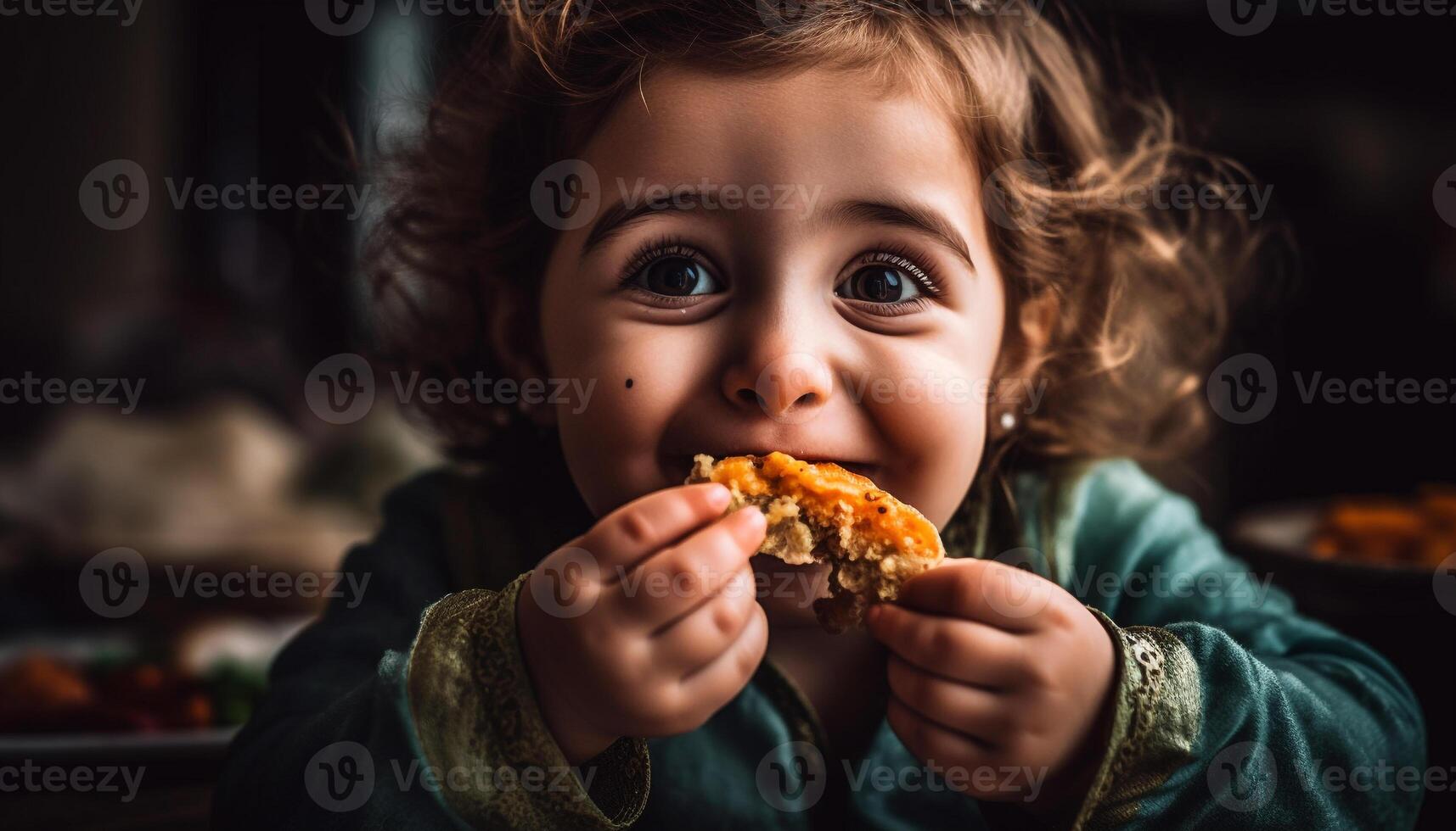 linda caucásico niña sonriente mientras comiendo chocolate Galleta generado por ai foto