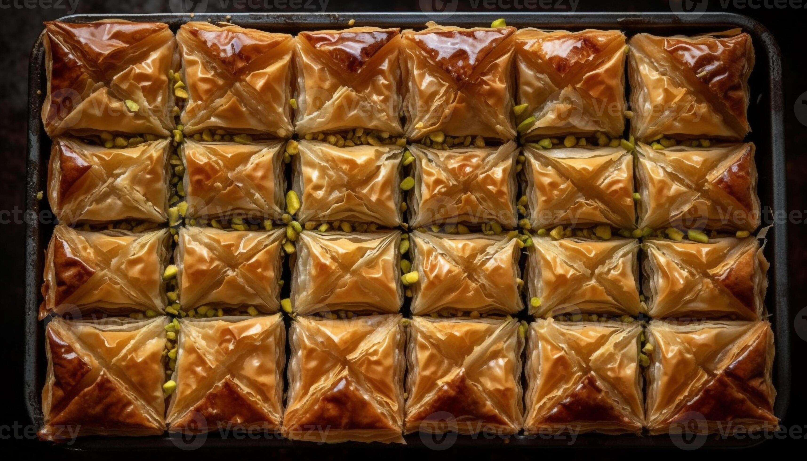 Baklava, honey syrup, walnut stuffed, Arabic style generated by AI