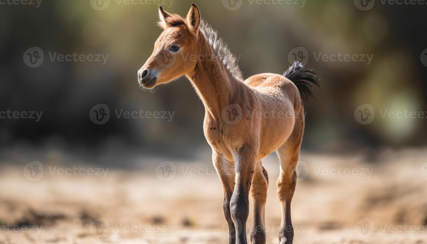 Cute foal grazing in meadow at sunset generated by AI photo