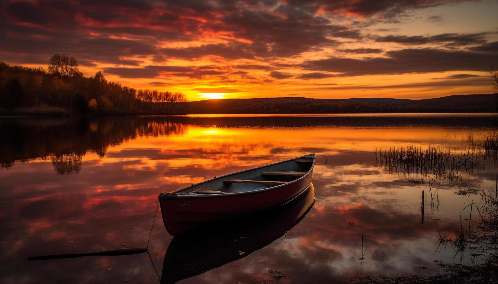 Tranquil scene of rowboat on calm pond generated by AI photo