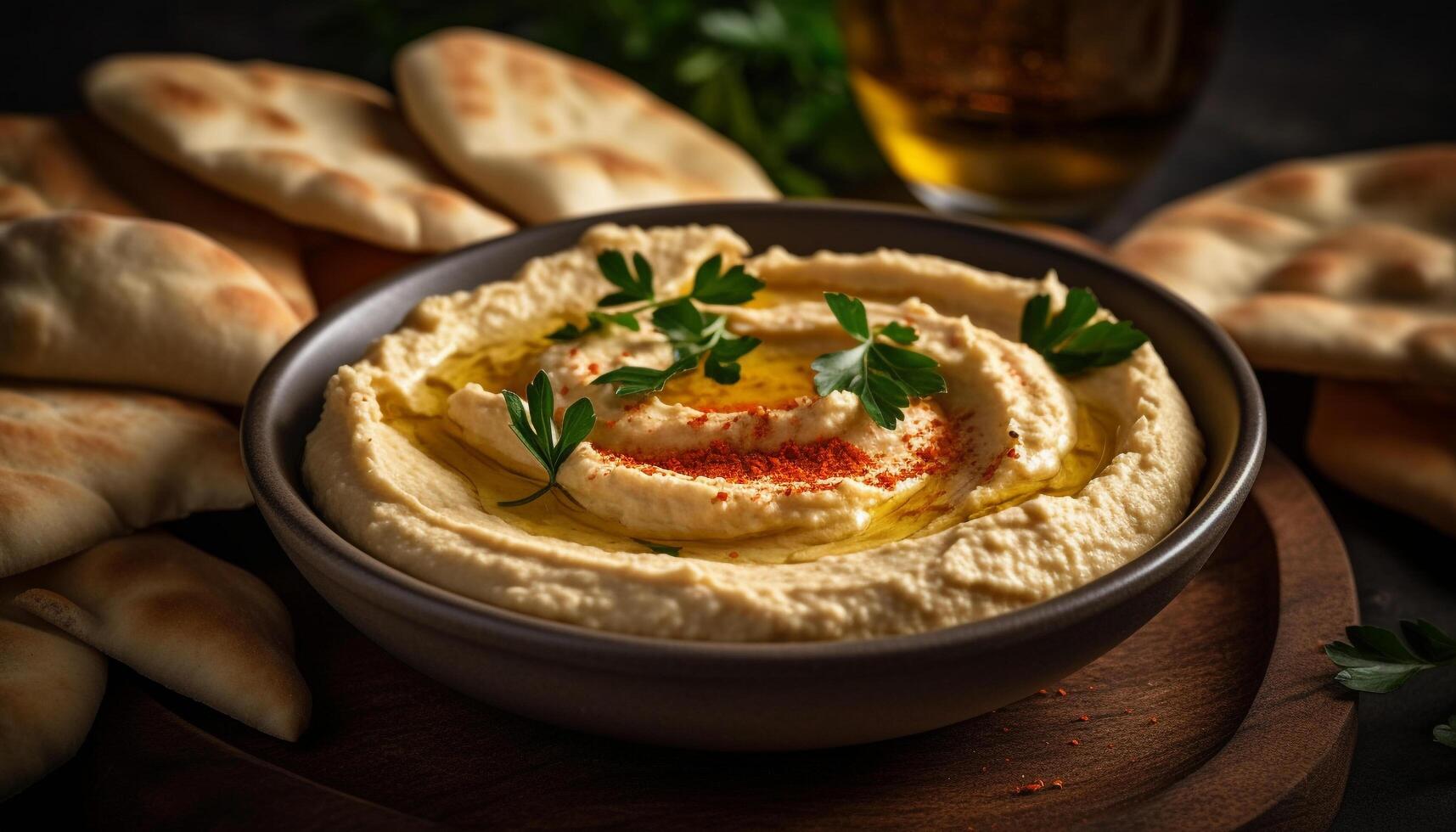 Fresh hummus spread on pita bread appetizer generated by AI photo