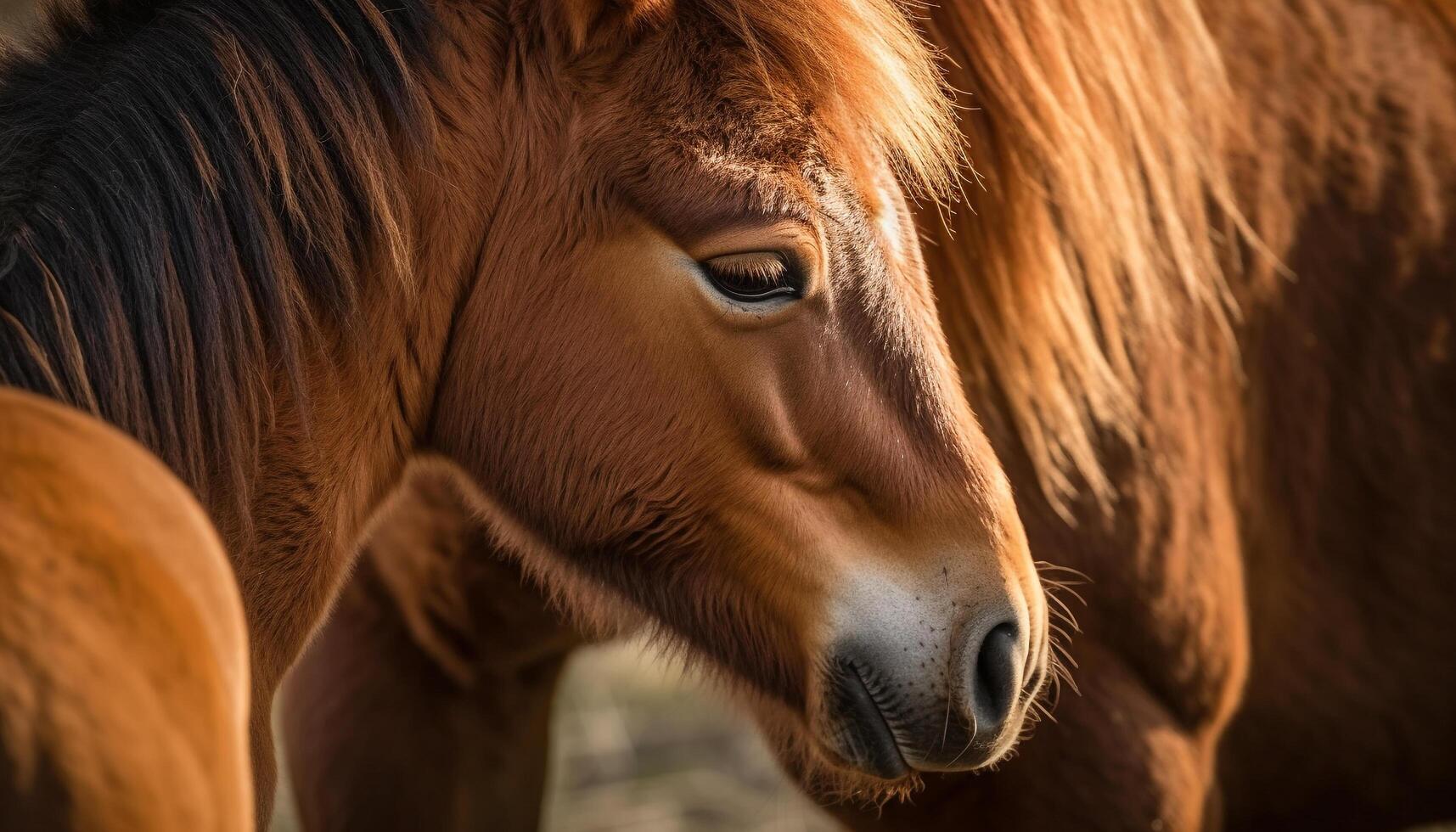 Majestic stallion grazes in rural meadow sunset generated by AI photo