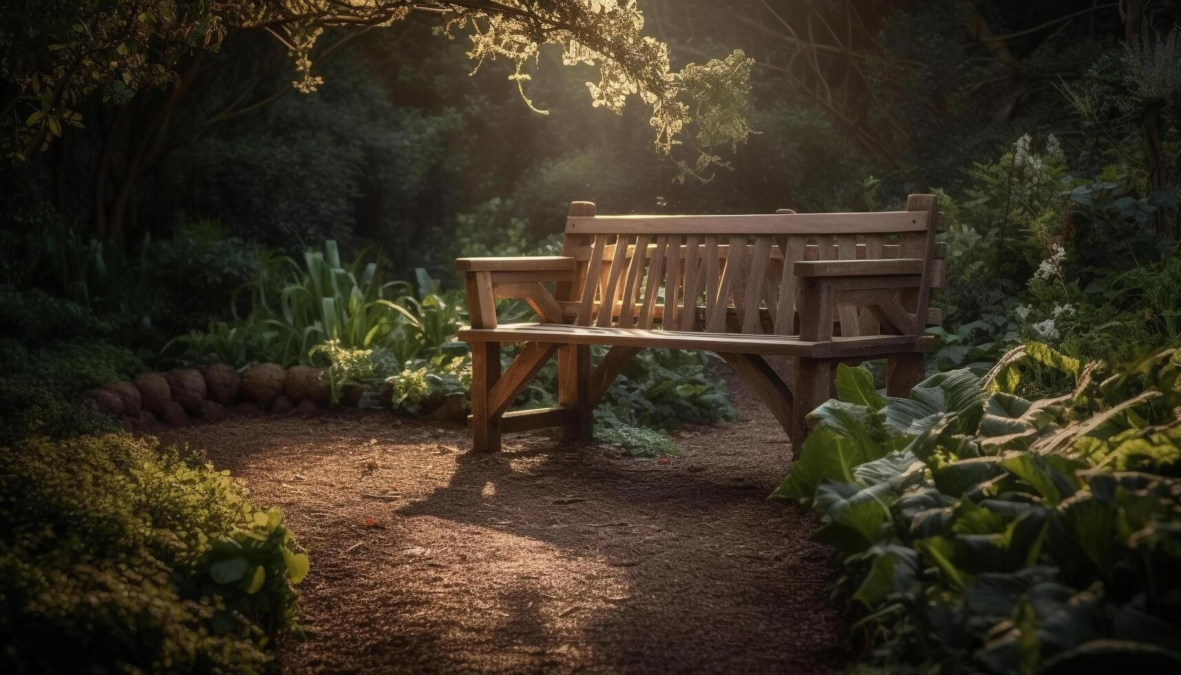 Rustic bench in tranquil forest, autumn leaves generated by AI photo