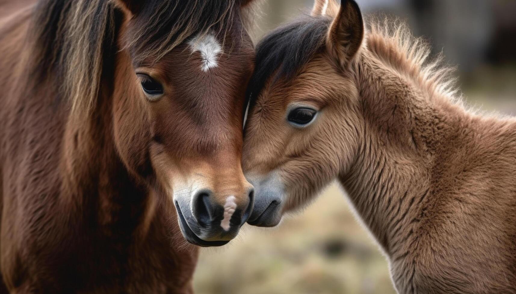 Cute mare and foal grazing in meadow generated by AI photo