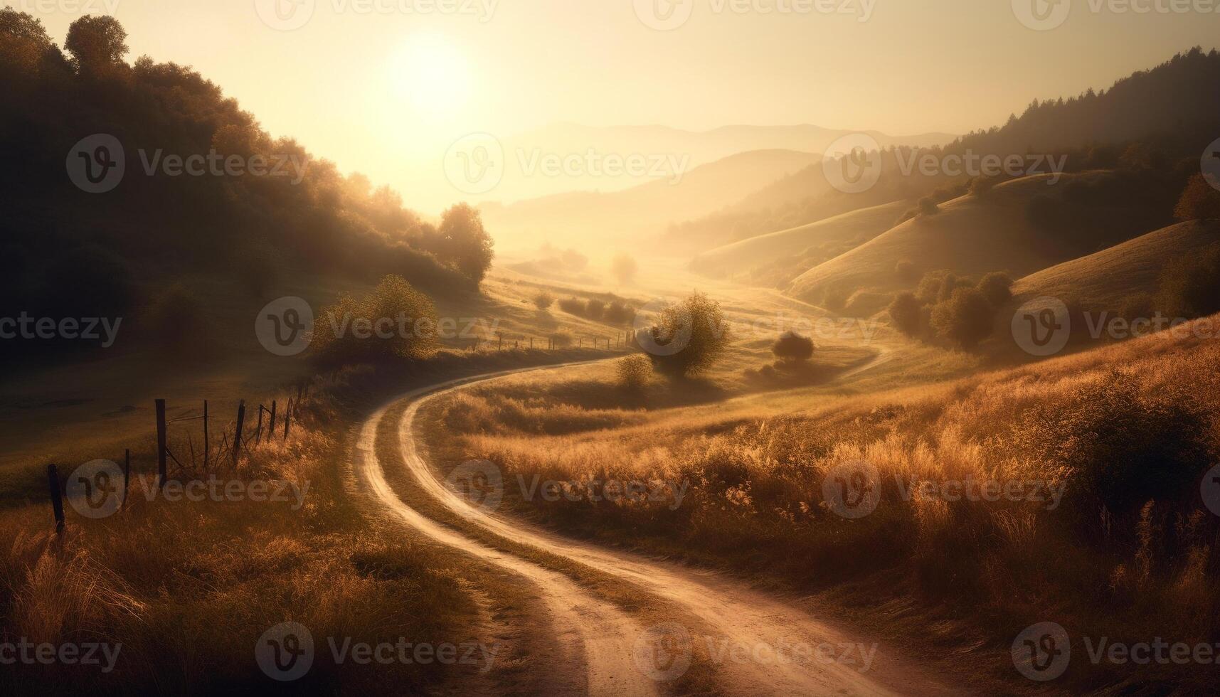 Idyllic countryside journey, vanishing point beckons forward generated by AI photo